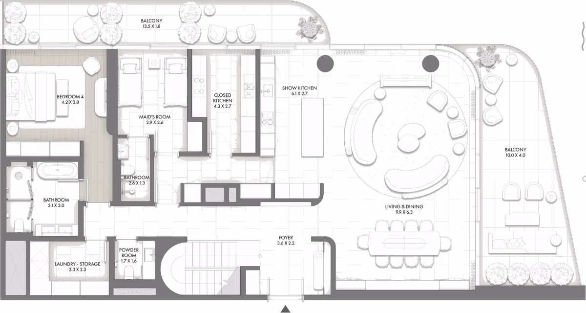 תוכנית 4 חדרי שינה · דופלקס · Duplex Type B ב־Taraf JW Marriott Residences (קומה תחתונה)