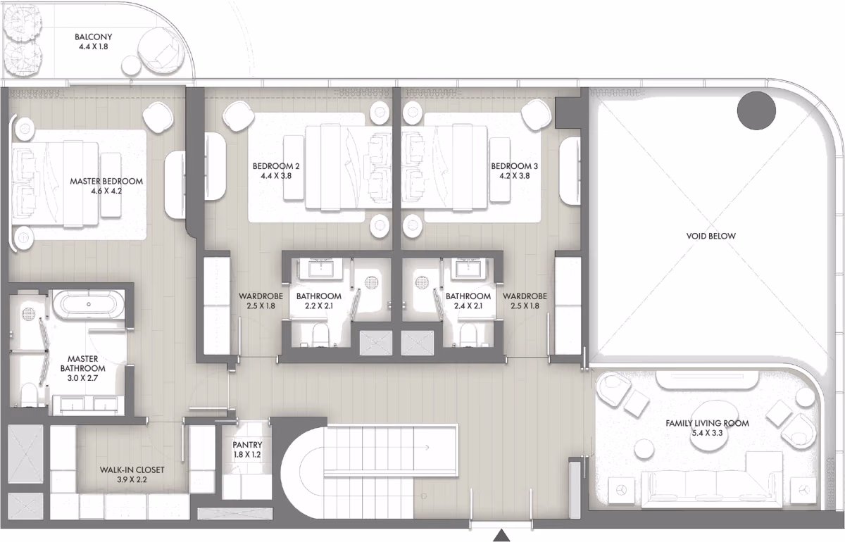 תוכנית 4 חדרי שינה · דופלקס · Duplex Type B ב־Taraf JW Marriott Residences (קומה עליונה)
