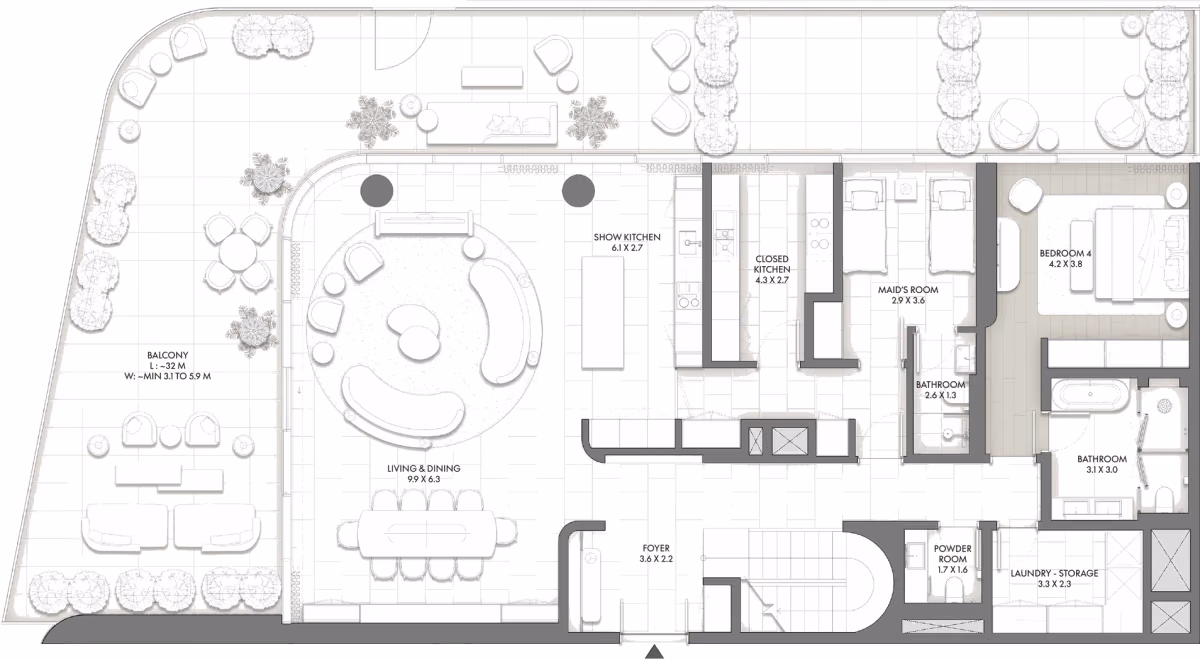 תוכנית 4 חדרי שינה · דופלקס · Duplex Type C ב־Taraf JW Marriott Residences (קומה תחתונה)