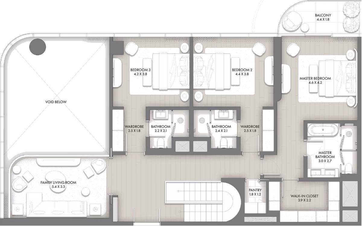 תוכנית 4 חדרי שינה · דופלקס · Duplex Type C ב־Taraf JW Marriott Residences (קומה עליונה)