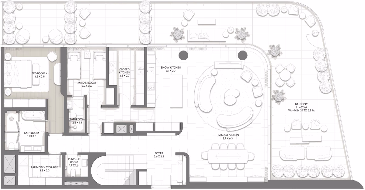 תוכנית 4 חדרי שינה · דופלקס · Duplex Type D ב־Taraf JW Marriott Residences (קומה תחתונה)
