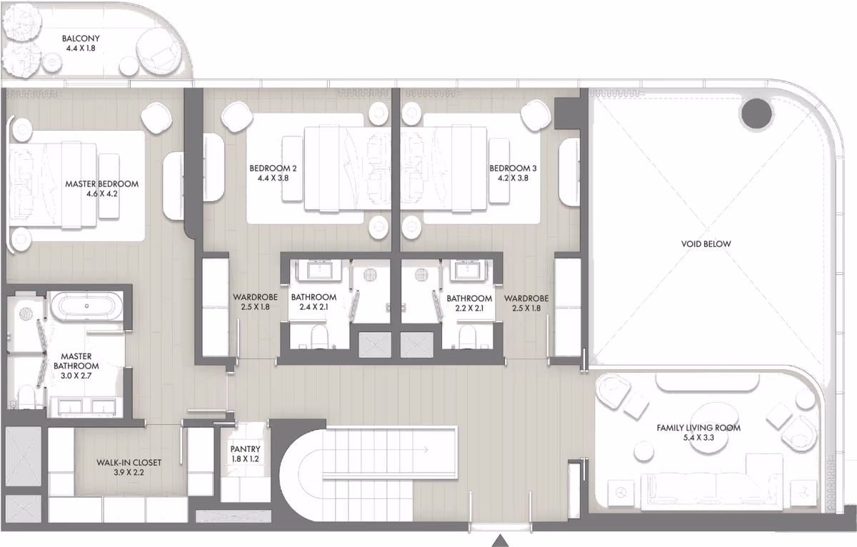 תוכנית 4 חדרי שינה · דופלקס · Duplex Type D ב־Taraf JW Marriott Residences (קומה עליונה)