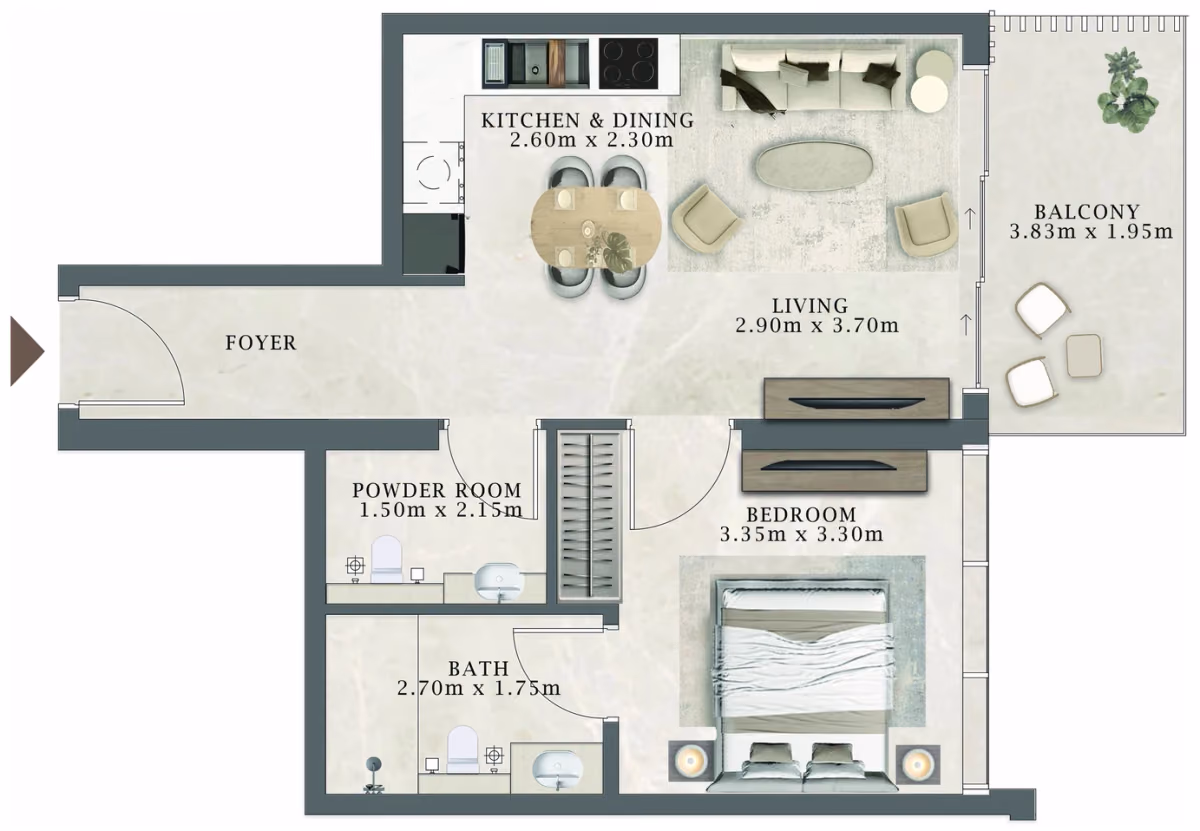 תוכנית חדר שינה אחד · 101 / 301 ב־Aviaan Arthouse Residences D1