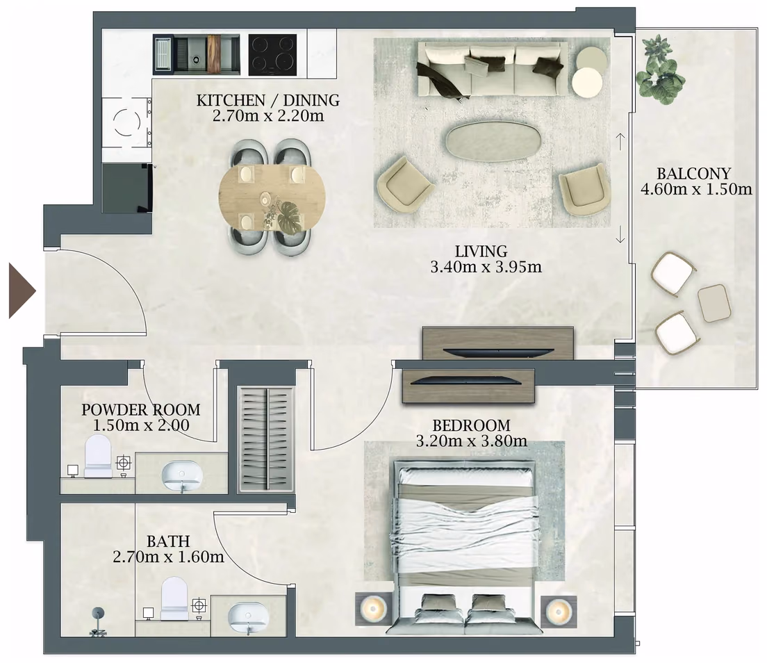 תוכנית חדר שינה אחד · 102 / 302 ב־Aviaan Arthouse Residences D1