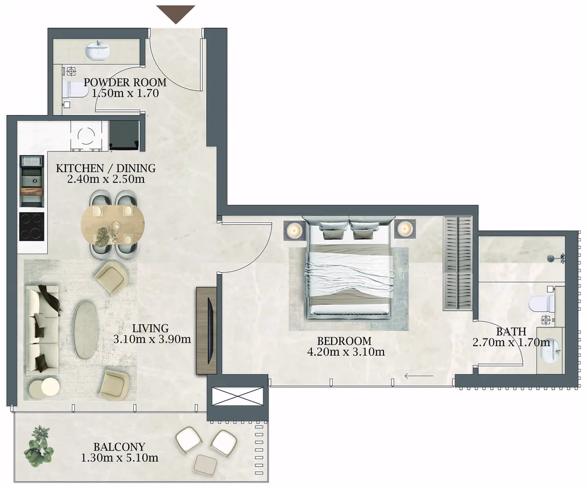 תוכנית חדר שינה אחד · 103 / 303 ב־Aviaan Arthouse Residences D1