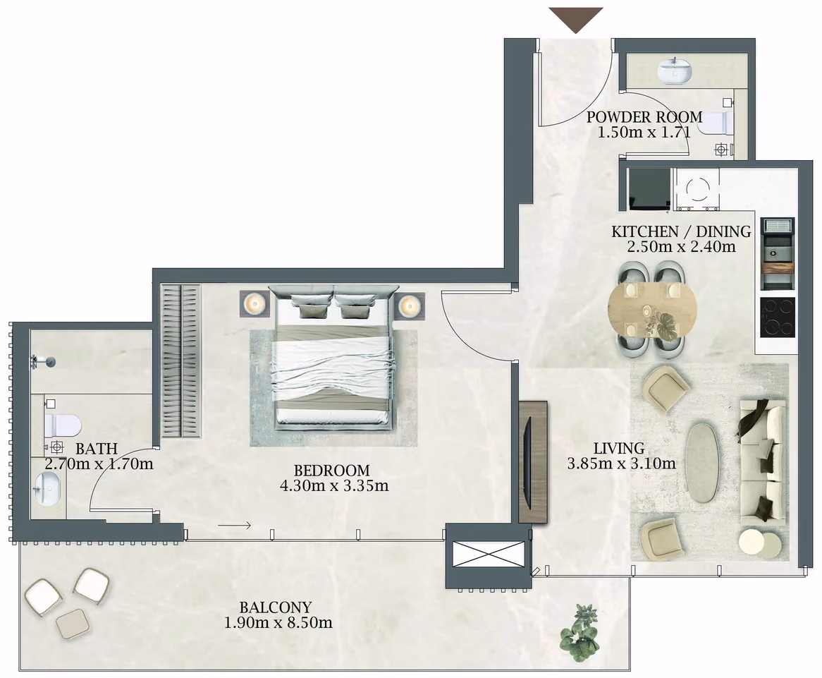 תוכנית חדר שינה אחד · 104 / 304 ב־Aviaan Arthouse Residences D1