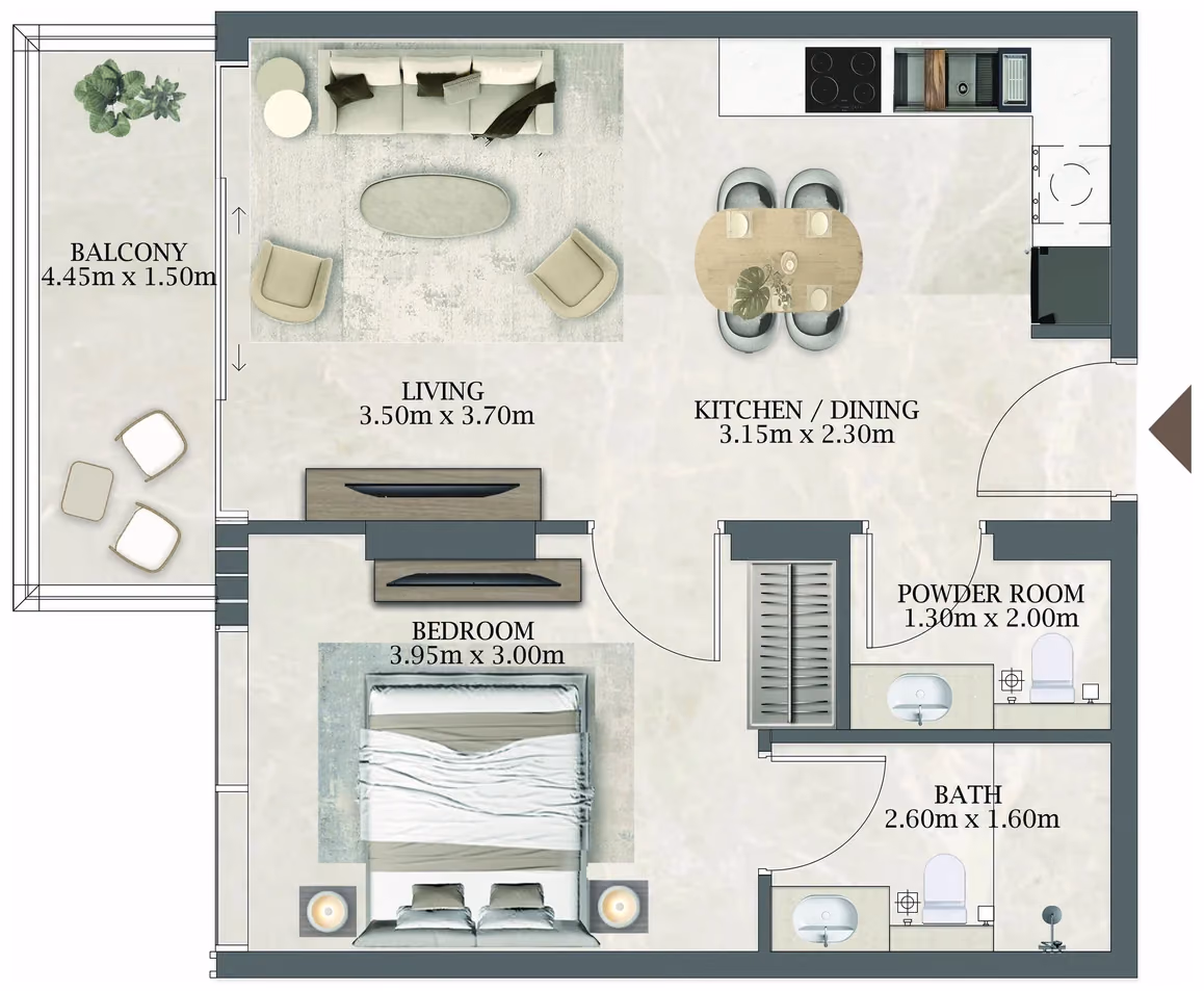 תוכנית חדר שינה אחד · 105 / 305 ב־Aviaan Arthouse Residences D1
