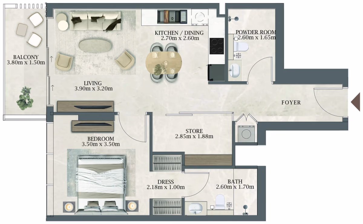תוכנית חדר שינה אחד · 106 / 306 ב־Aviaan Arthouse Residences D1