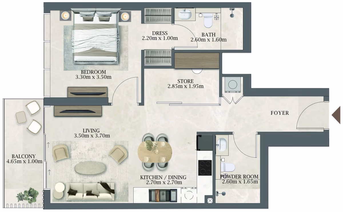 תוכנית חדר שינה אחד · 107 / 307 ב־Aviaan Arthouse Residences D1