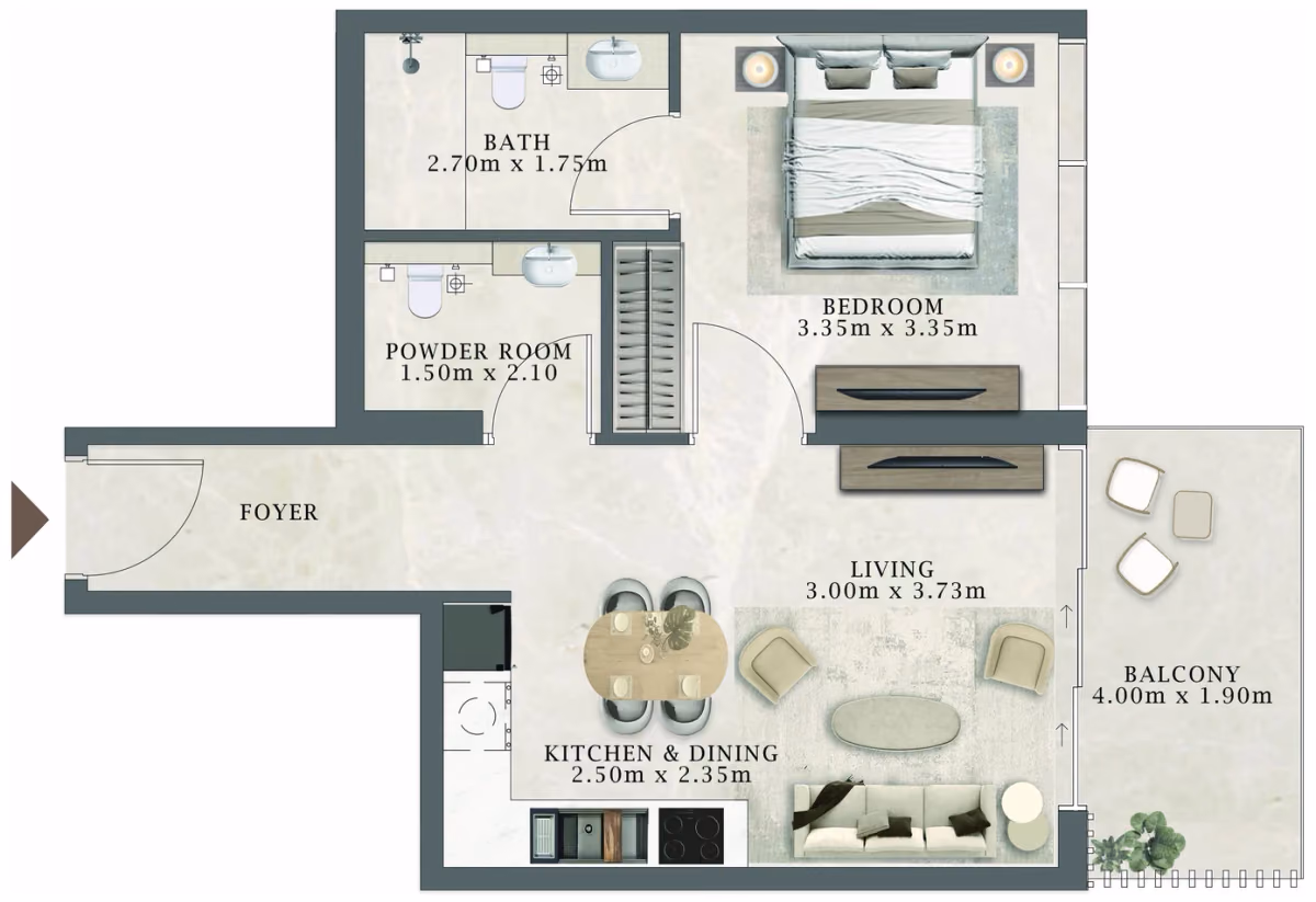 תוכנית חדר שינה אחד · 111 / 311 ב־Aviaan Arthouse Residences D1