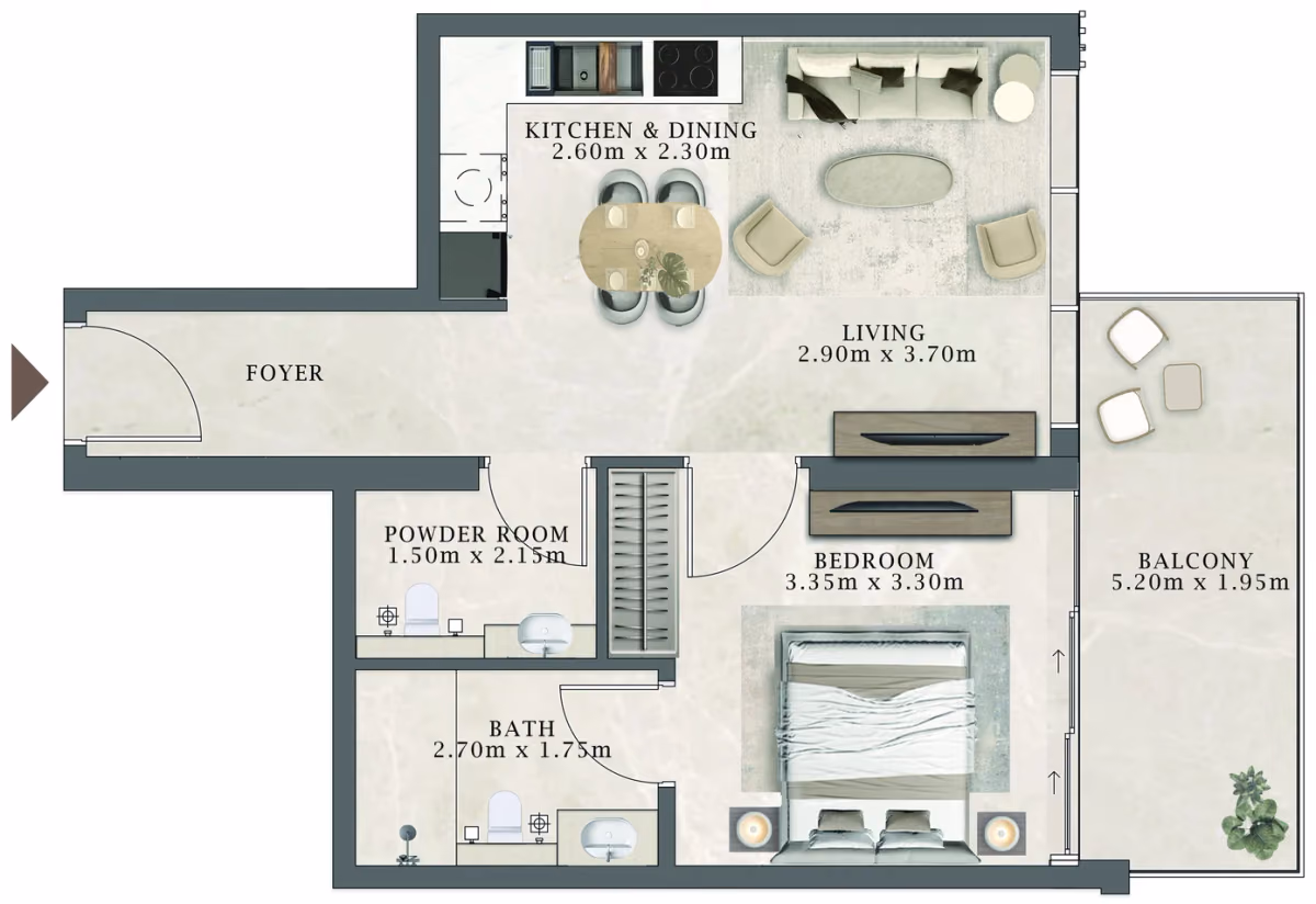 תוכנית חדר שינה אחד · 201 / 401 ב־Aviaan Arthouse Residences D1