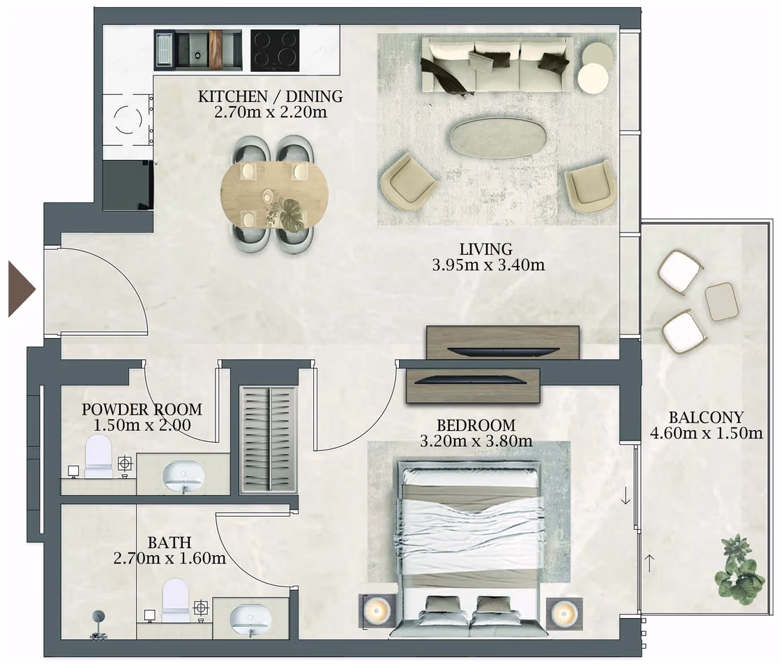 תוכנית חדר שינה אחד · 202 / 402 ב־Aviaan Arthouse Residences D1