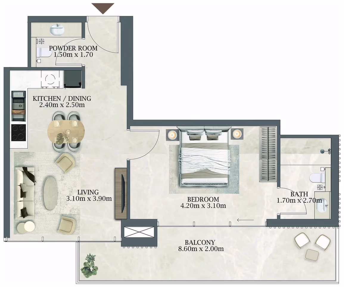 תוכנית חדר שינה אחד · 203 / 403 ב־Aviaan Arthouse Residences D1