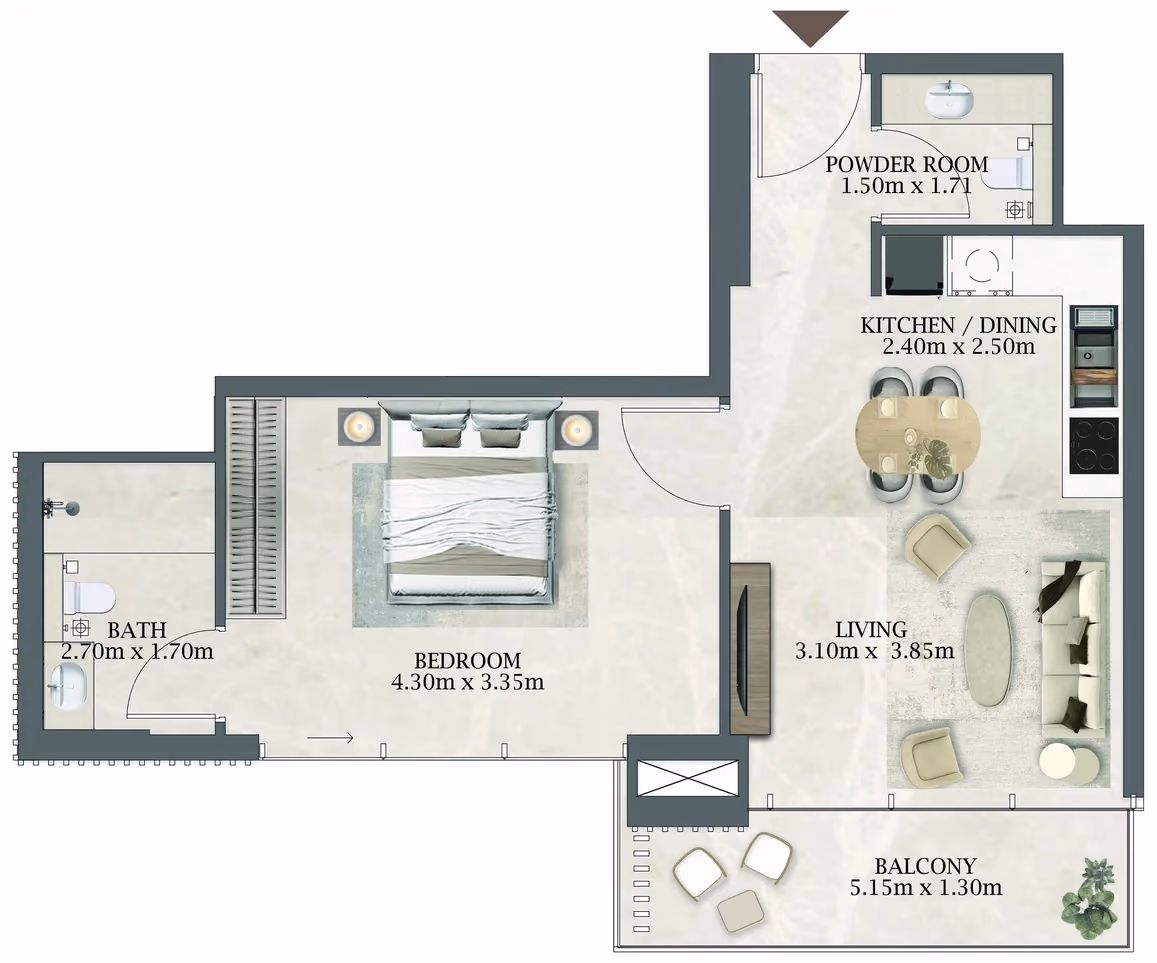תוכנית חדר שינה אחד · 204 / 404 ב־Aviaan Arthouse Residences D1
