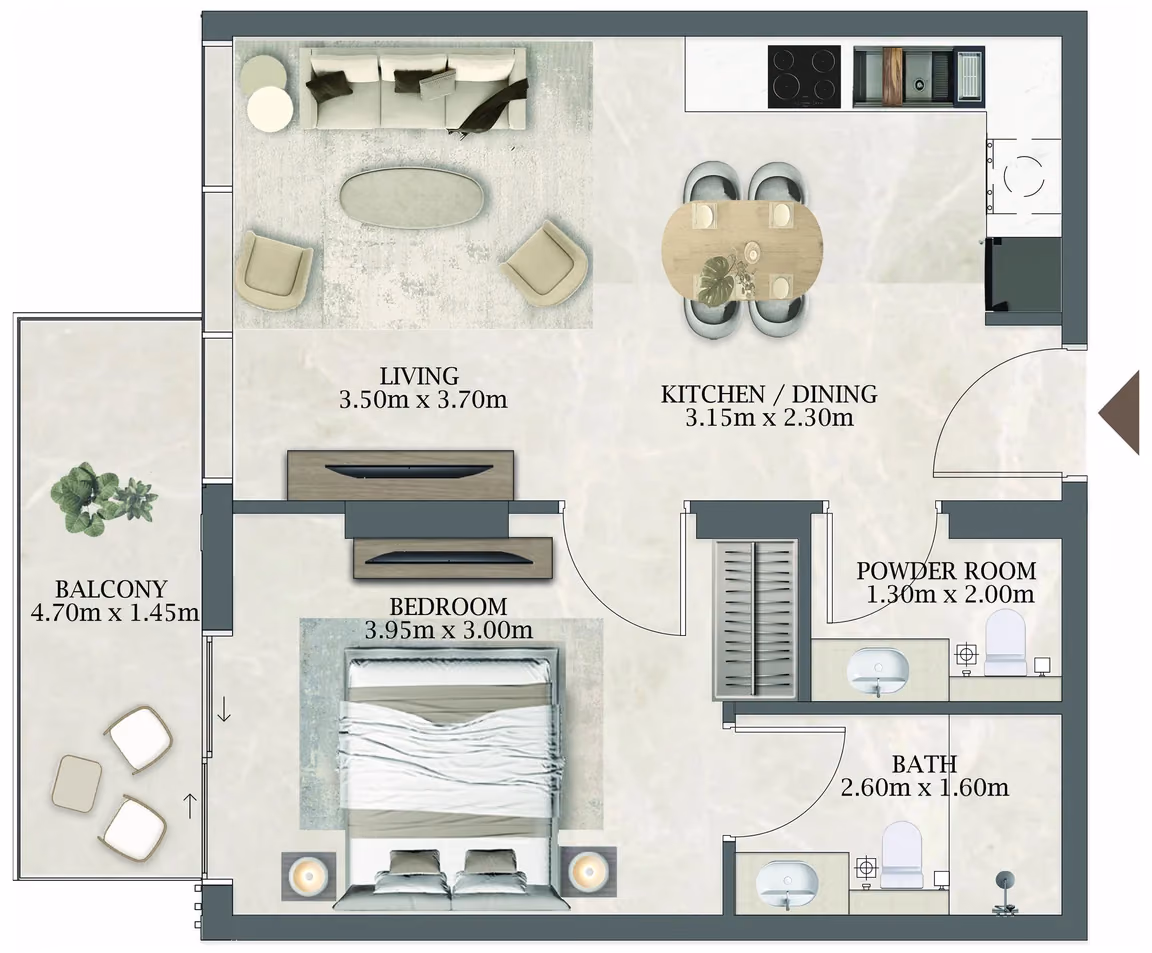 תוכנית חדר שינה אחד · 205 / 405 ב־Aviaan Arthouse Residences D1