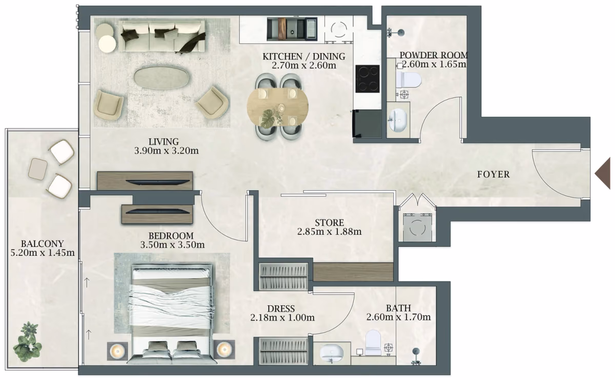 תוכנית חדר שינה אחד · 206 / 406 ב־Aviaan Arthouse Residences D1