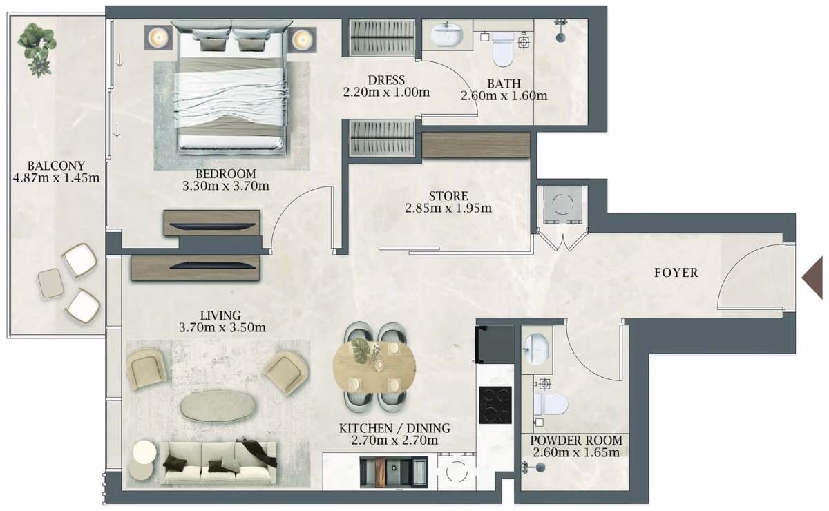 תוכנית חדר שינה אחד · 207 / 407 ב־Aviaan Arthouse Residences D1