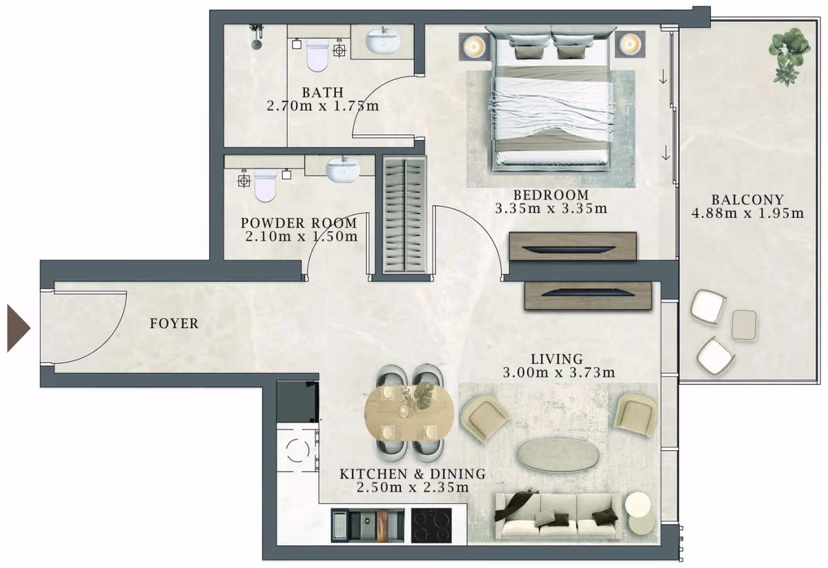 תוכנית חדר שינה אחד · 211 / 411 ב־Aviaan Arthouse Residences D1