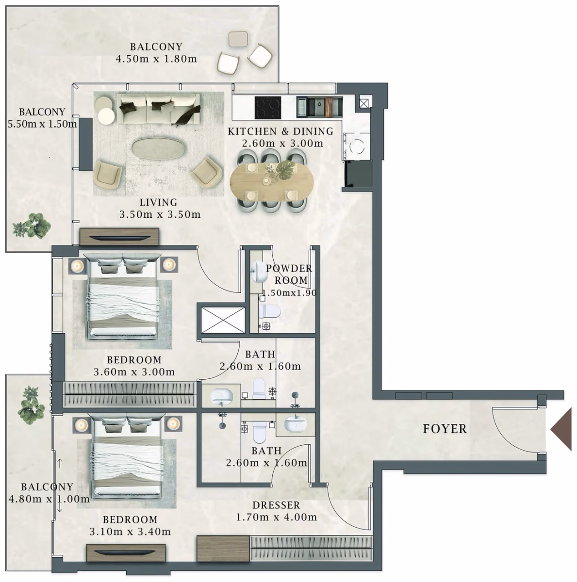תוכנית 2 חדרי שינה · 108 / 308 ב־Aviaan Arthouse Residences D1