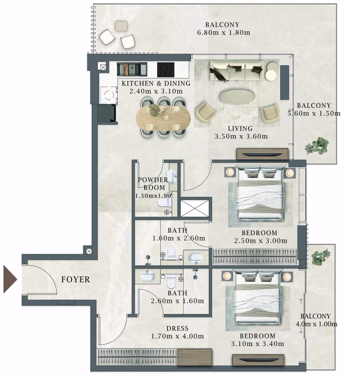 תוכנית 2 חדרי שינה · 110 / 310 ב־Aviaan Arthouse Residences D1