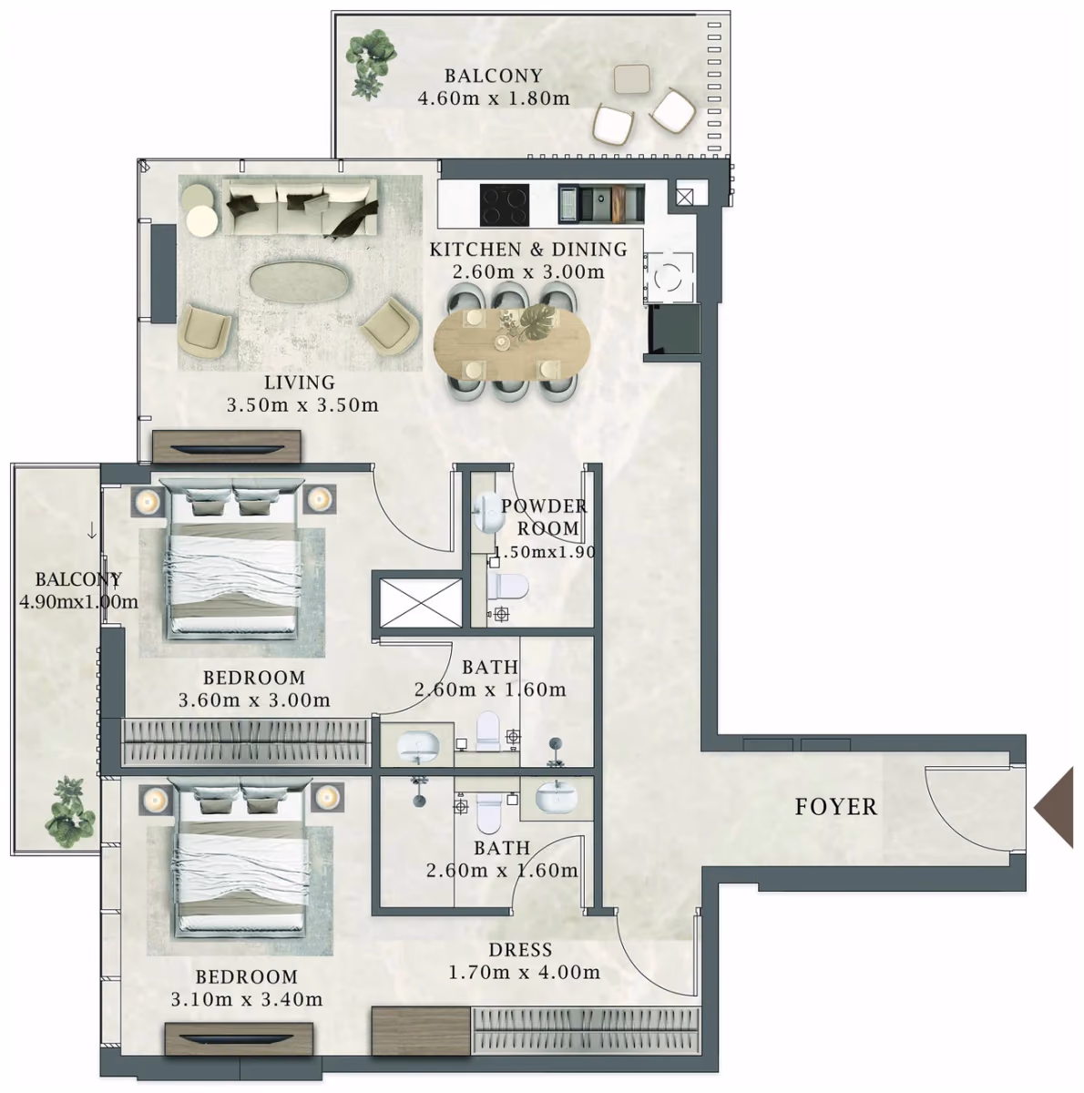תוכנית 2 חדרי שינה · 208 / 408 ב־Aviaan Arthouse Residences D1