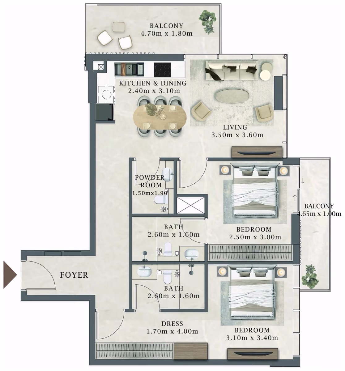 תוכנית 2 חדרי שינה · 210 / 410 ב־Aviaan Arthouse Residences D1