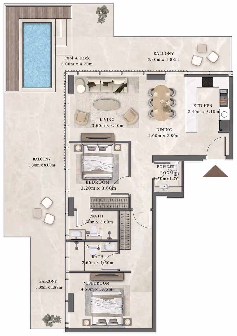 תוכנית 2 חדרי שינה · פנטהאוז · 501 ב־Aviaan Arthouse Residences D1