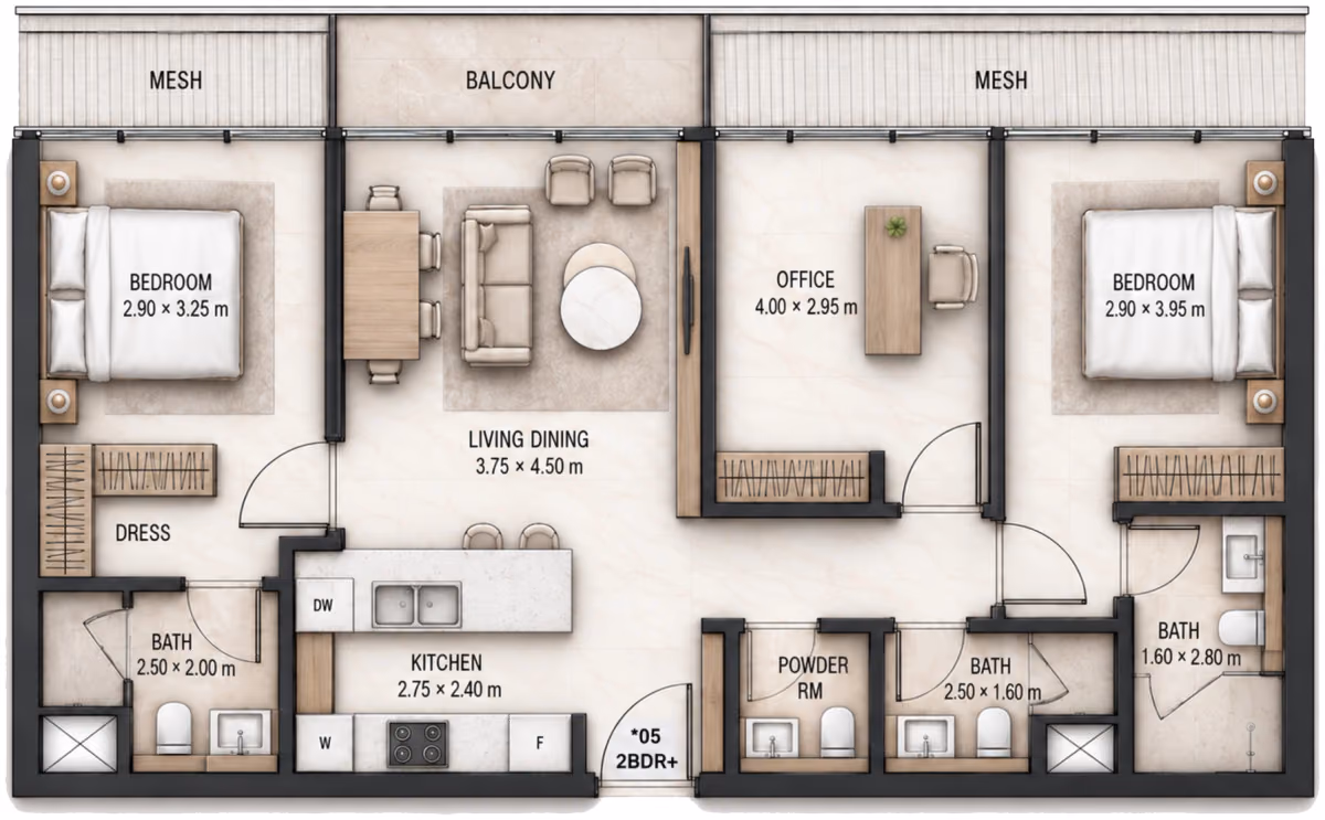 תוכנית 2 חדרי שינה · 2 BR+ Type A ב־Cosmo Marlin Icon