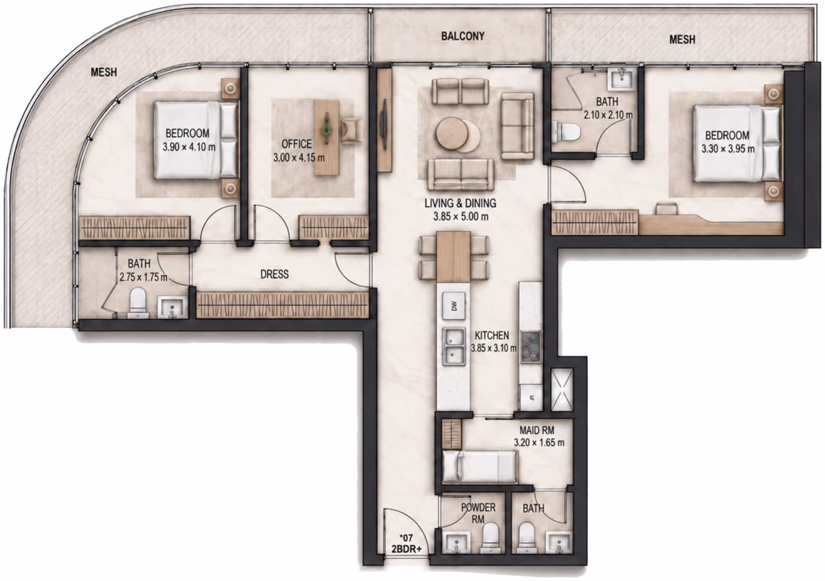 תוכנית 2 חדרי שינה · 2 BR+ Type B ב־Cosmo Marlin Icon