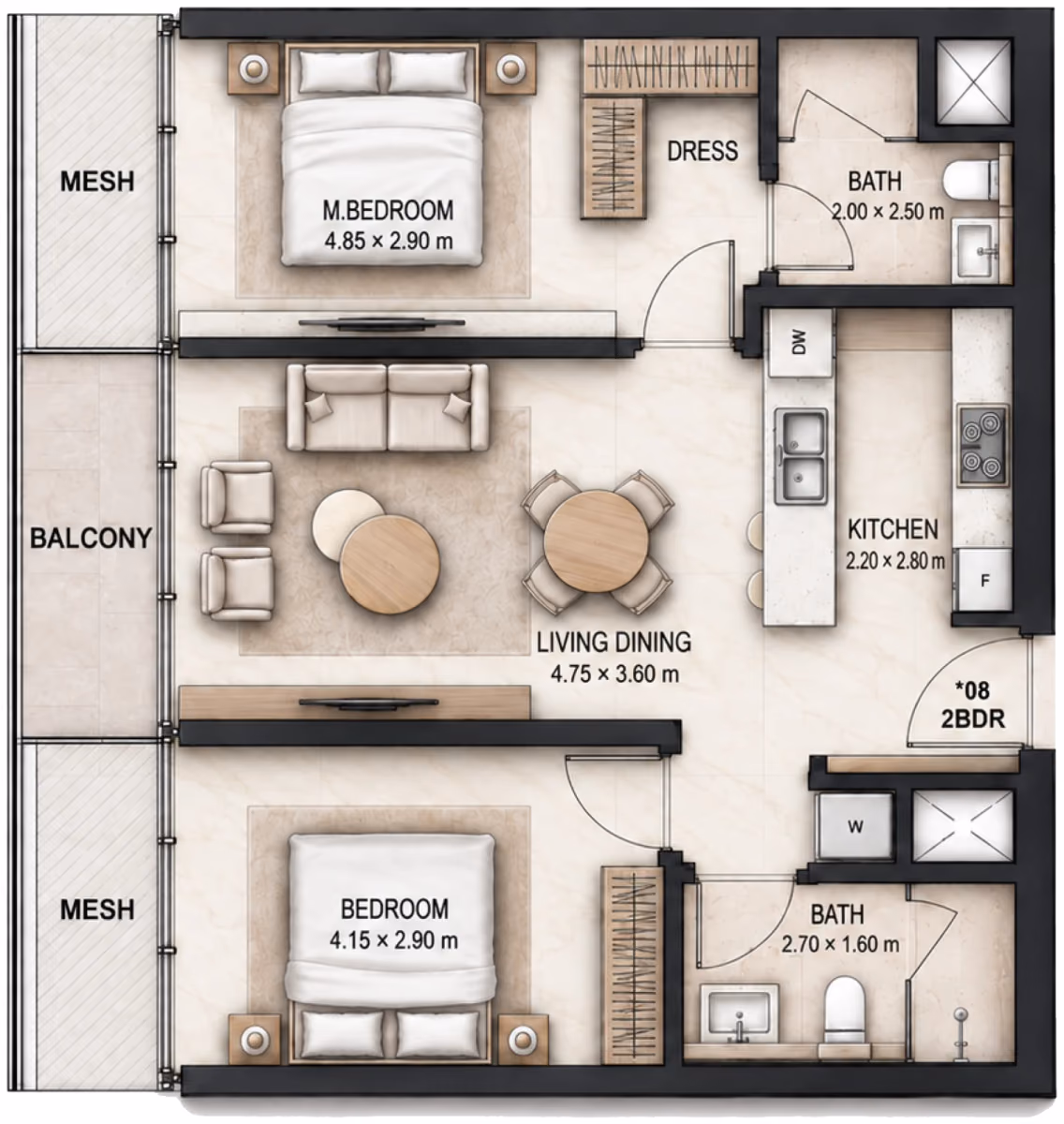 תוכנית 2 חדרי שינה · 2 BR Type A ב־Cosmo Marlin Icon