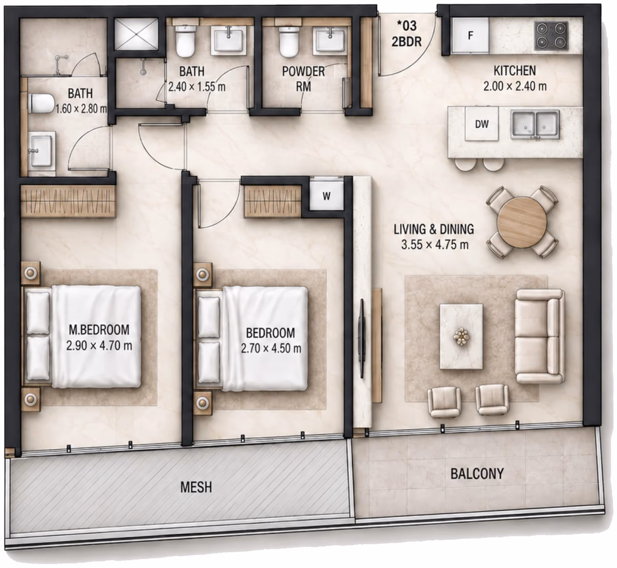 תוכנית 2 חדרי שינה · 2 BR Type B ב־Cosmo Marlin Icon