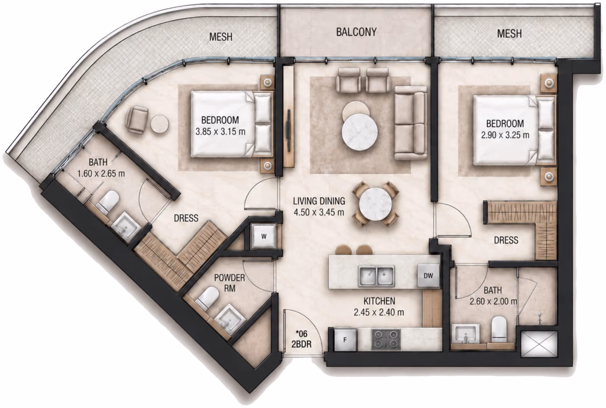 תוכנית 2 חדרי שינה · 2 BR Type C ב־Cosmo Marlin Icon