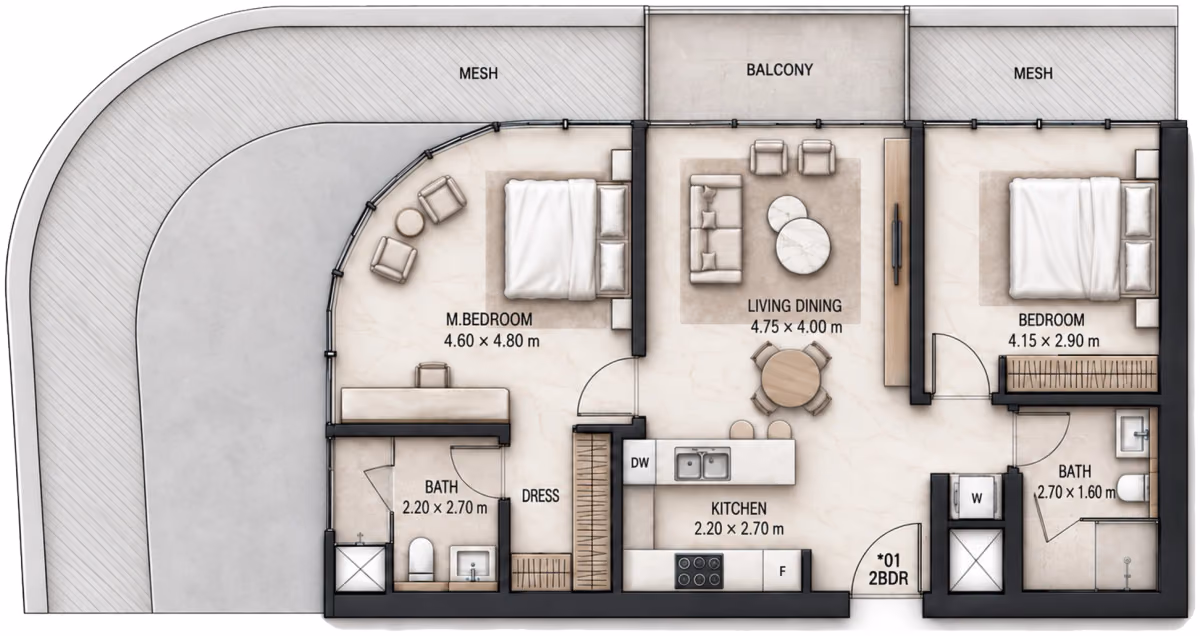 תוכנית 2 חדרי שינה · 2 BR Type D ב־Cosmo Marlin Icon