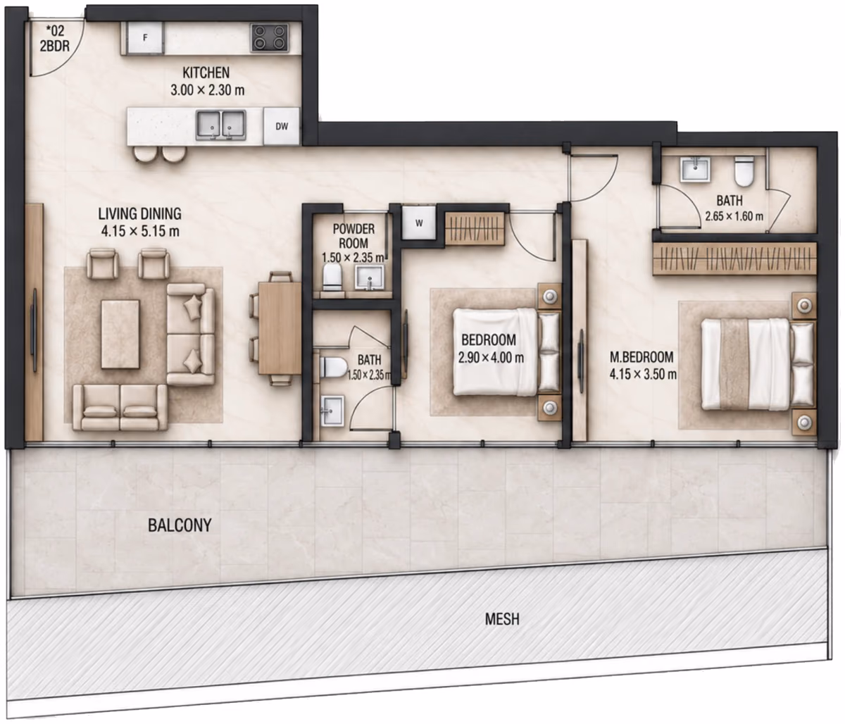 תוכנית 2 חדרי שינה · 2 BR Type E ב־Cosmo Marlin Icon