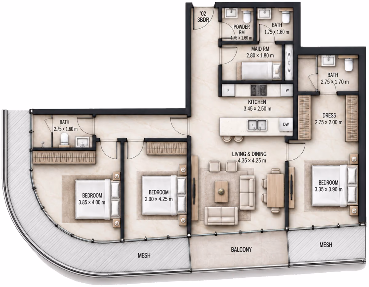 תוכנית 3 חדרי שינה · 3 BR Type B ב־Cosmo Marlin Icon