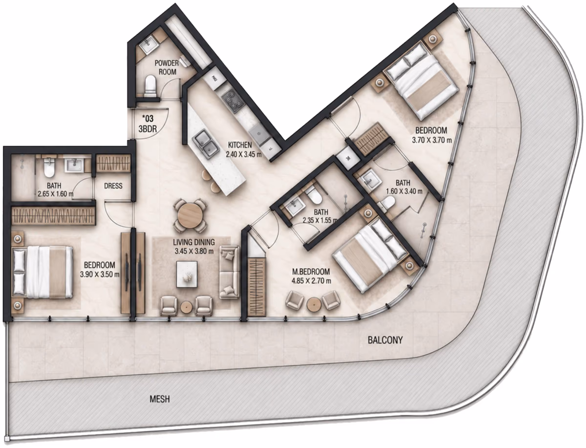 תוכנית 3 חדרי שינה · 3 BR Type C ב־Cosmo Marlin Icon