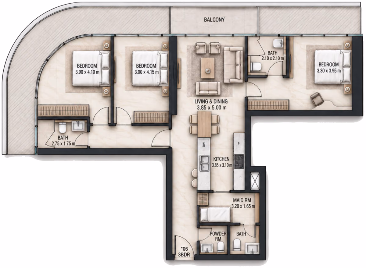 תוכנית 3 חדרי שינה · 3 BR Type D ב־Cosmo Marlin Icon
