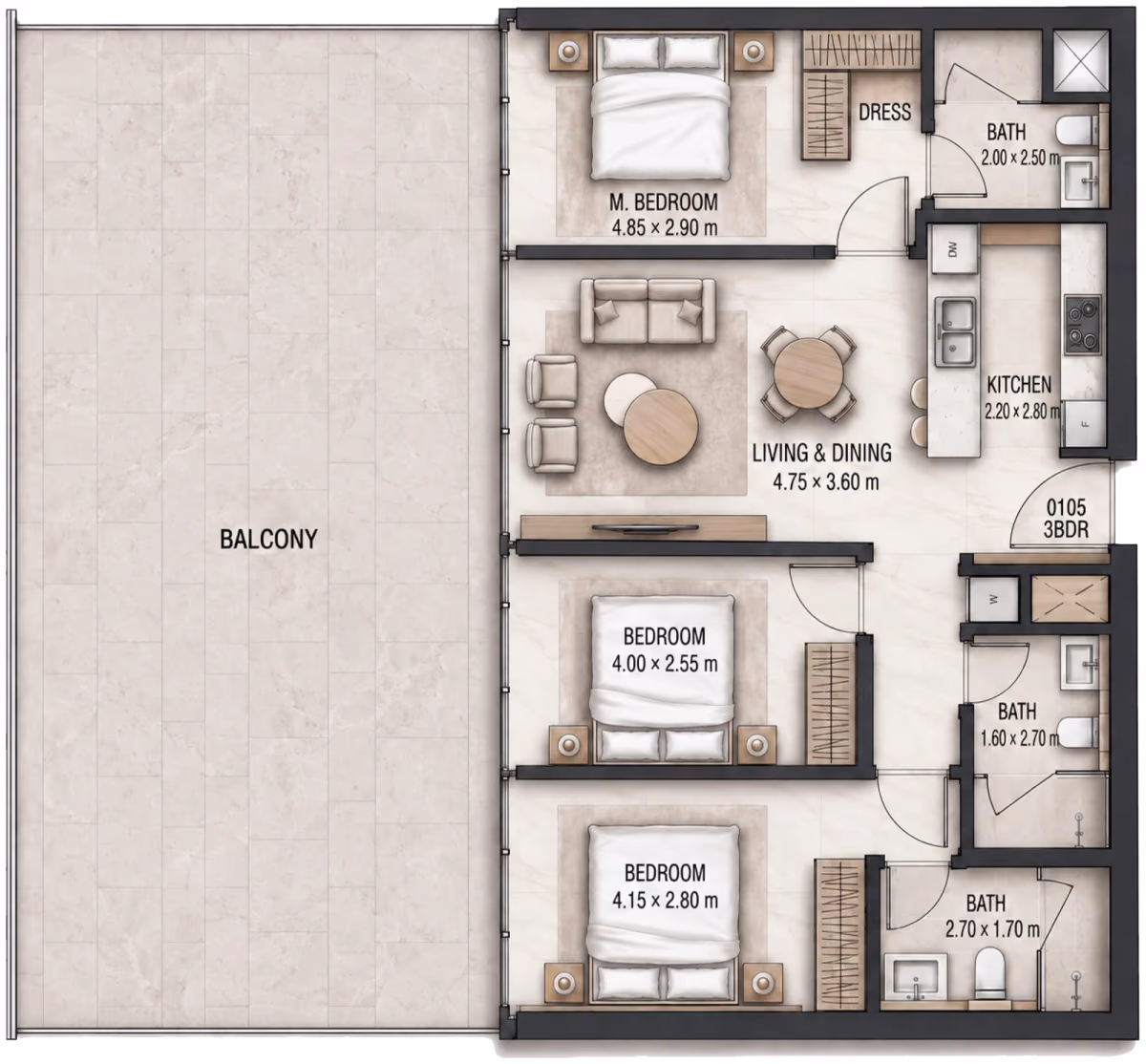 תוכנית 3 חדרי שינה · 3 BR Type E ב־Cosmo Marlin Icon