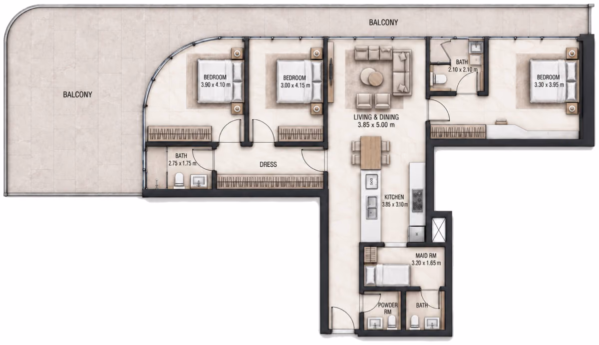 תוכנית 3 חדרי שינה · 3 BR Type F ב־Cosmo Marlin Icon