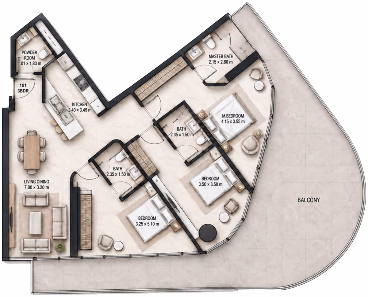תוכנית 3 חדרי שינה · 3 BR Type G ב־Cosmo Marlin Icon