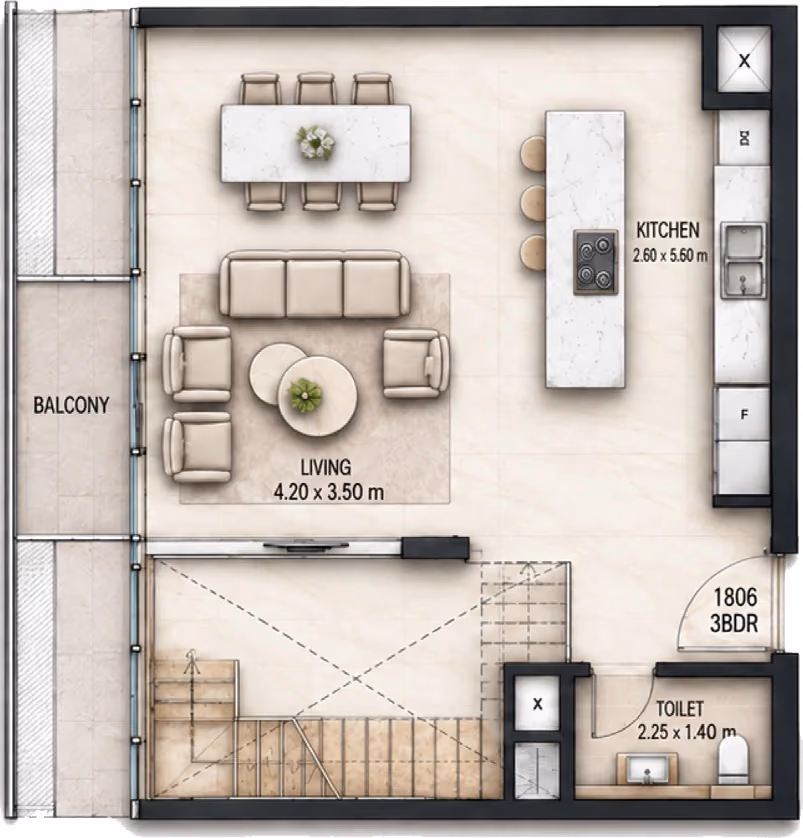 תוכנית 3 חדרי שינה · דופלקס · Duplex 3BR Type B ב־Cosmo Marlin Icon (קומה תחתונה)