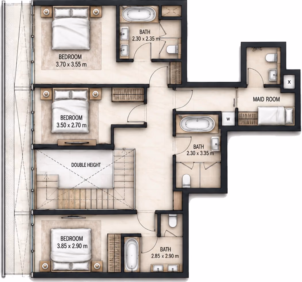 תוכנית 3 חדרי שינה · דופלקס · Duplex 3BR Type B ב־Cosmo Marlin Icon (קומה עליונה)