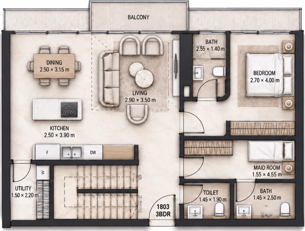 תוכנית 3 חדרי שינה · דופלקס · Duplex 3BR Type E ב־Cosmo Marlin Icon (קומה תחתונה)