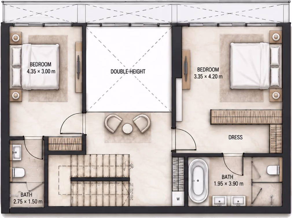 תוכנית 3 חדרי שינה · דופלקס · Duplex 3BR Type E ב־Cosmo Marlin Icon (קומה עליונה)