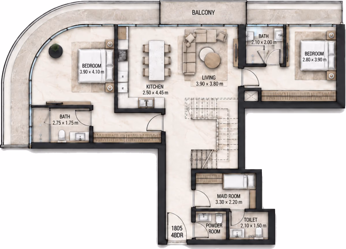 תוכנית 4 חדרי שינה · דופלקס · Duplex 4BR Type A ב־Cosmo Marlin Icon (קומה תחתונה)