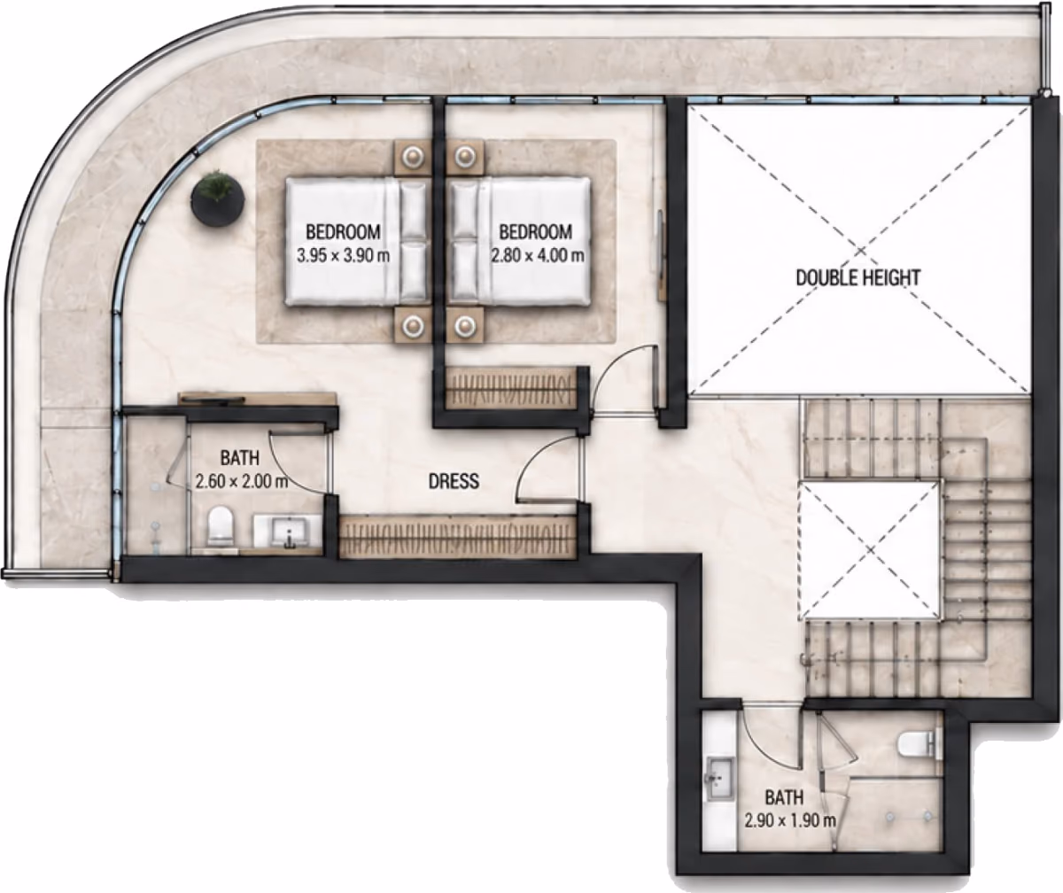 תוכנית 4 חדרי שינה · דופלקס · Duplex 4BR Type A ב־Cosmo Marlin Icon (קומה עליונה)