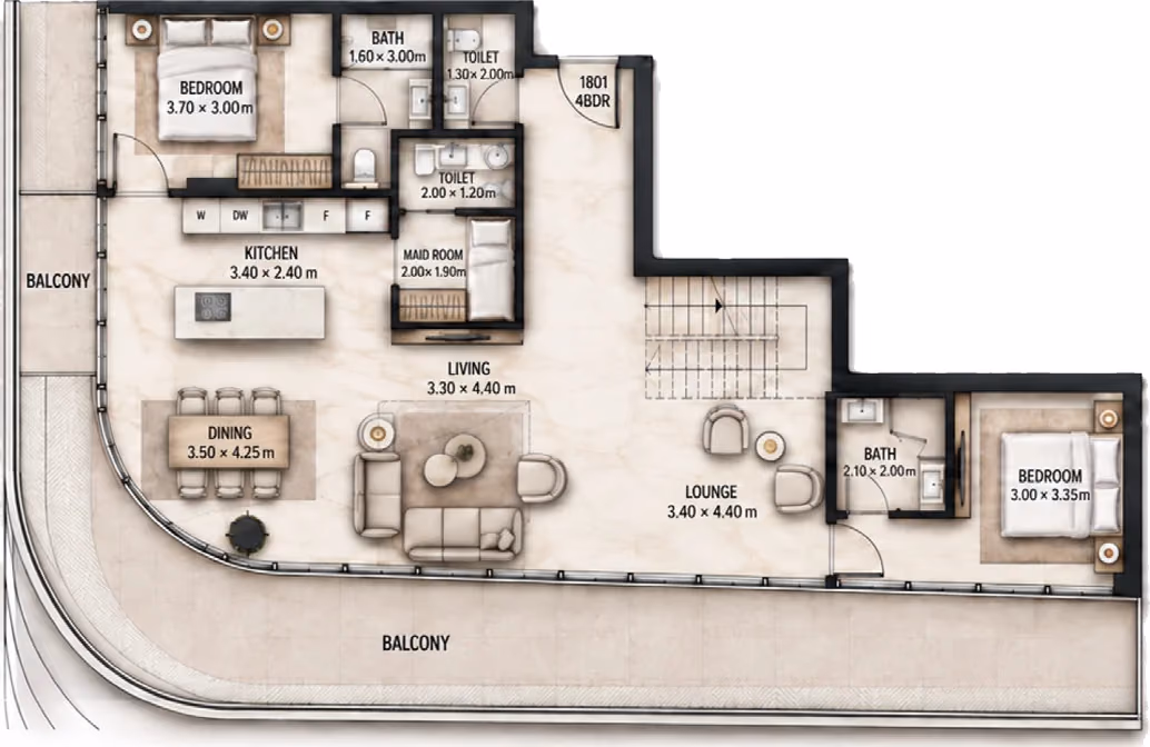 תוכנית 4 חדרי שינה · דופלקס · Duplex 4BR Type C ב־Cosmo Marlin Icon (קומה תחתונה)