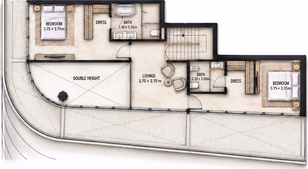 תוכנית 4 חדרי שינה · דופלקס · Duplex 4BR Type C ב־Cosmo Marlin Icon (קומה עליונה)