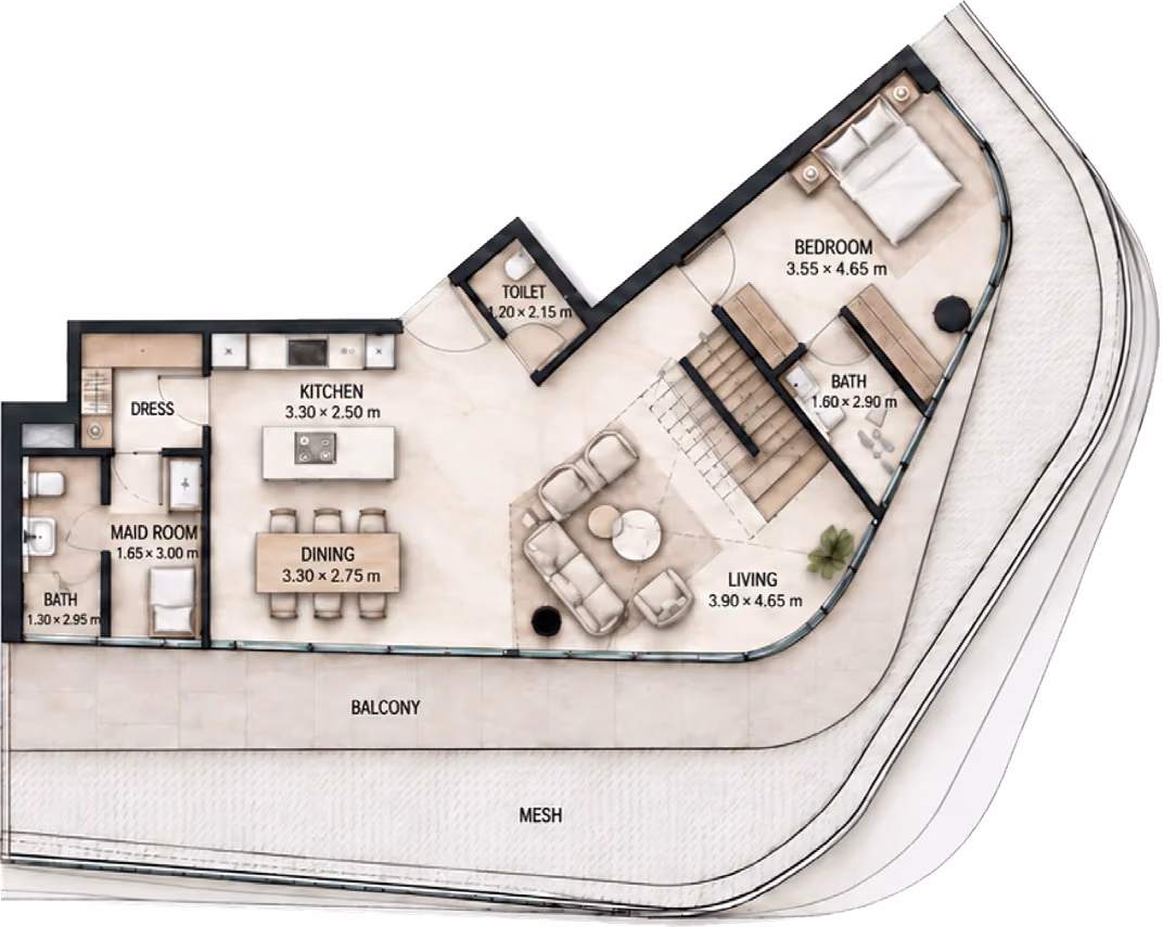 תוכנית 4 חדרי שינה · דופלקס · Duplex 4BR Type D ב־Cosmo Marlin Icon (קומה תחתונה)