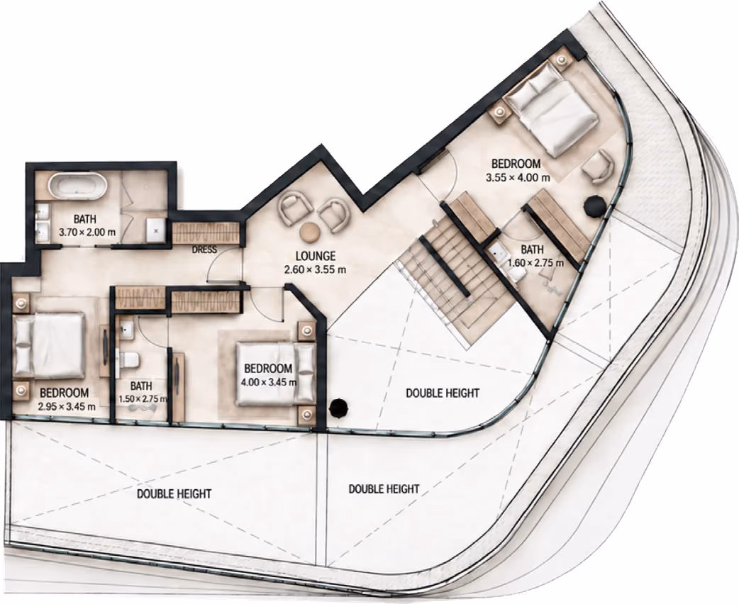 תוכנית 4 חדרי שינה · דופלקס · Duplex 4BR Type D ב־Cosmo Marlin Icon (קומה עליונה)
